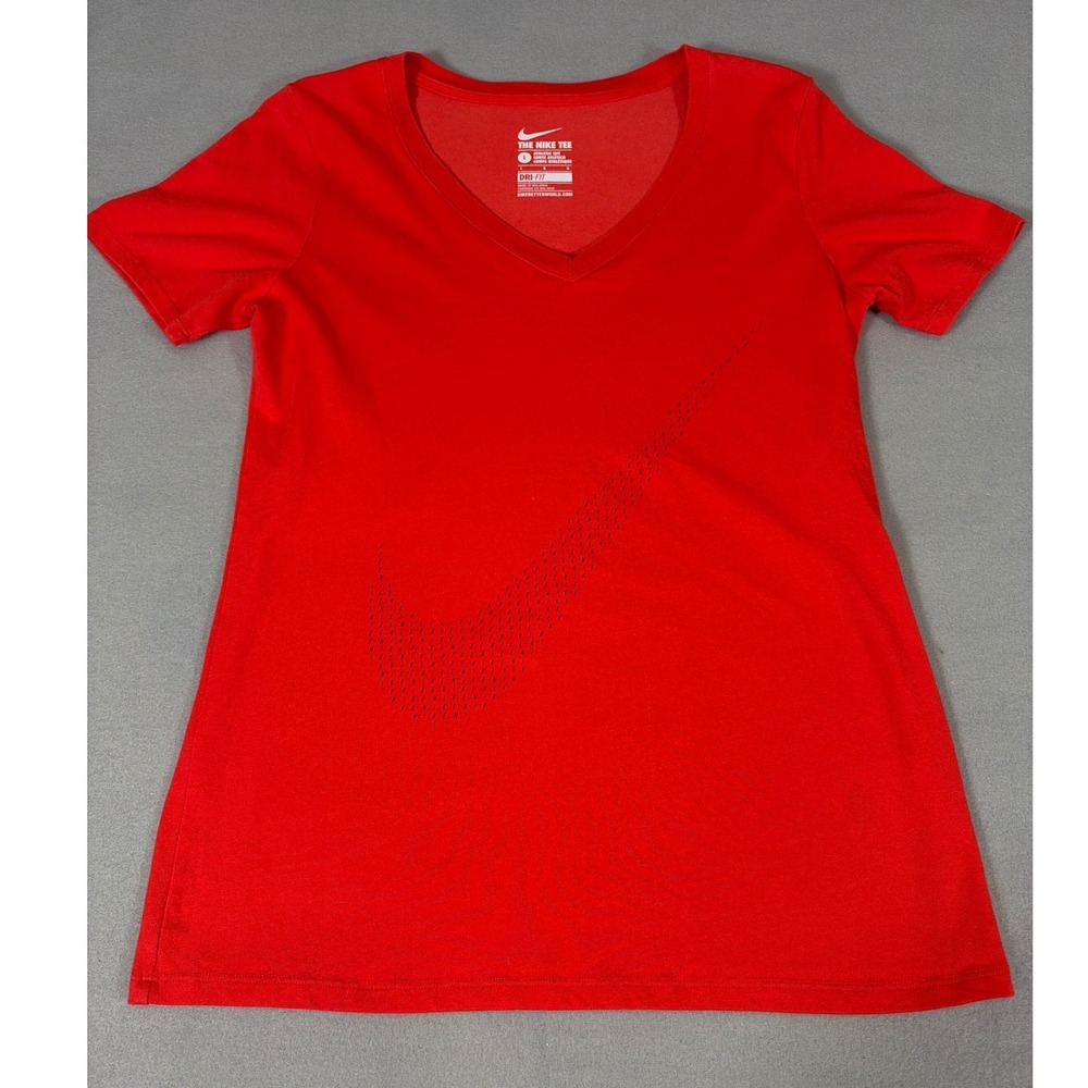 Nike Womens Dri-FIT V-Neck Graphic‎ T-Shirt Red Athletic Cut Large 805745-696